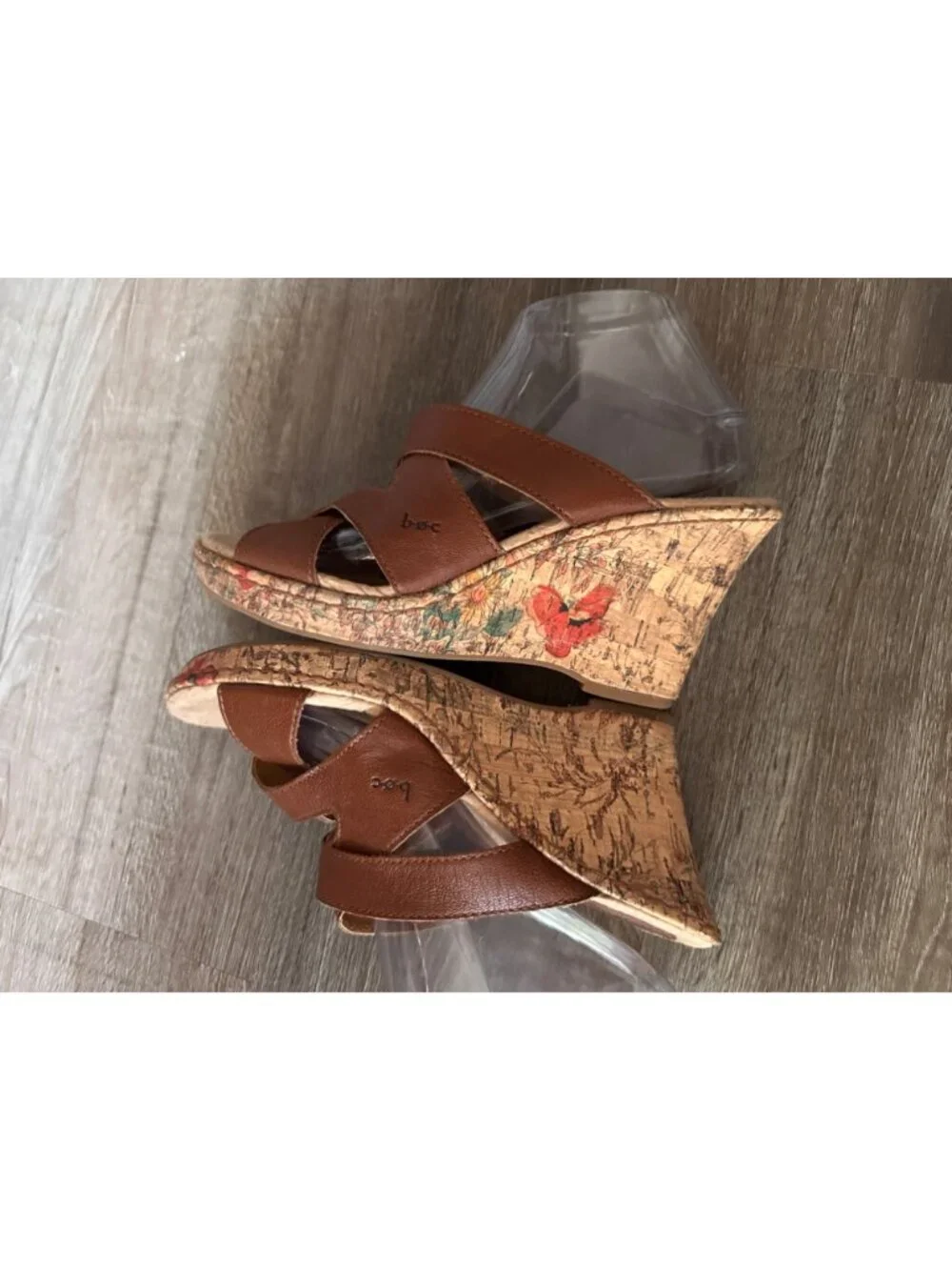 b.o.c. Brown Leather Cork Wedge Sandals